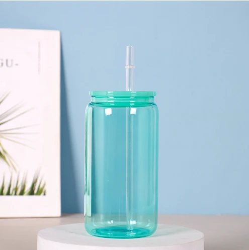Candy Colored Cola Glass Mug With PP Lid And Straw