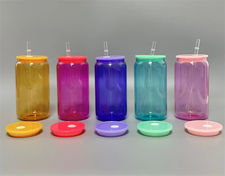 Candy Colored Cola Glass Mug With PP Lid And Straw